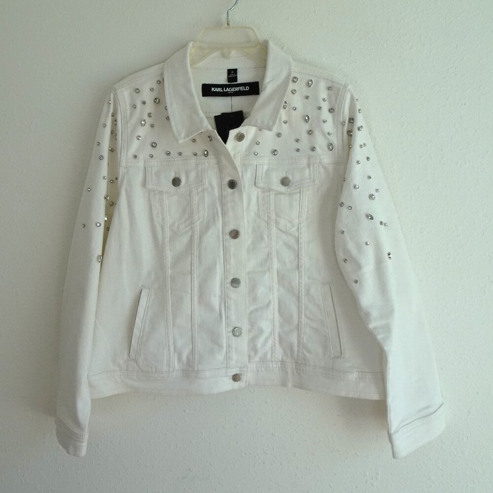 Karl Lagerfeld Jean Jacket Women's Size XL White Denim Bling Rhinestones